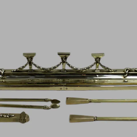 Antique Edwardian Brass Fireplace Fender & Matching Fire Irons