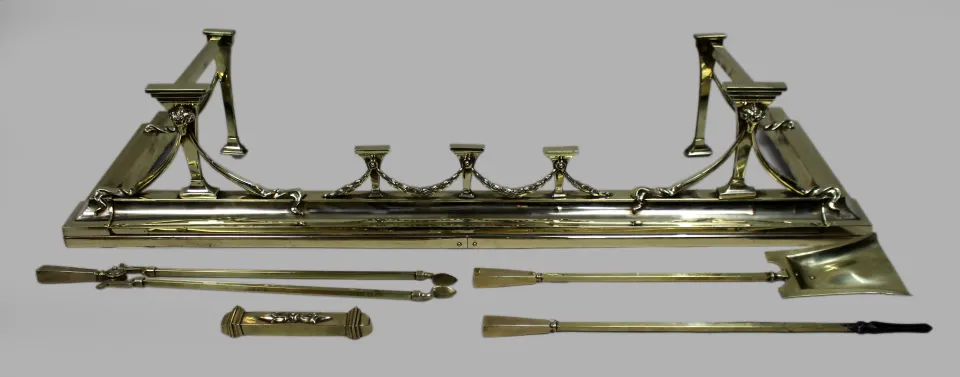 Antique Edwardian Brass Fireplace Fender & Matching Fire Irons