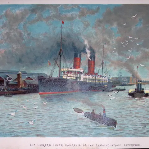 Liverpool Docks Landing Stage The Campania Ship Antique Chromolithograph 7-TR