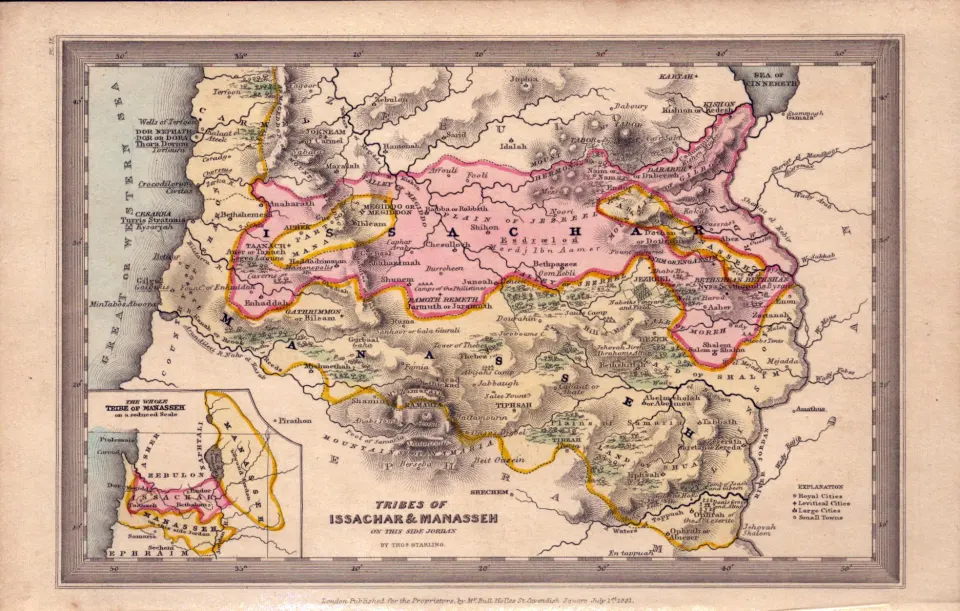 Tribes of Issachar & Manasseh Antique Detailed Biblical William IV Map.