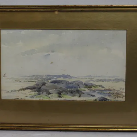 Edwardian Beach Waterclour Set in Gilt Frame