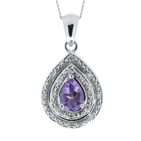 9ct White Gold Amethyst Pear Shaped Cluster Diamond Pendant (A0.63) 0.08 Carats