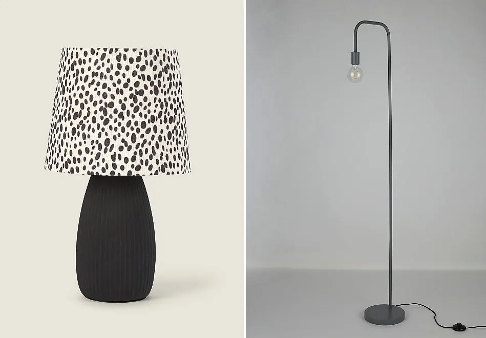 2 x Ribbed Dotty Shade Table Lamps 51126279. 1 x Floor standing Grey Curved Lamp By ‘The Lighting C
