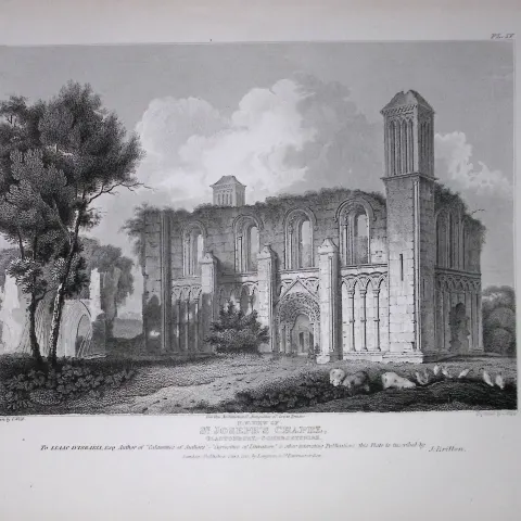 Glastonbury St Josephs Chapel 190 Years-Old Rare John Britton Antique Steel Engraving-133