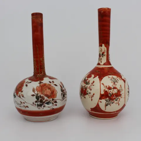 Pair of Antique Japanese Kutani Porcelain Bottle Vases, Meiji Period