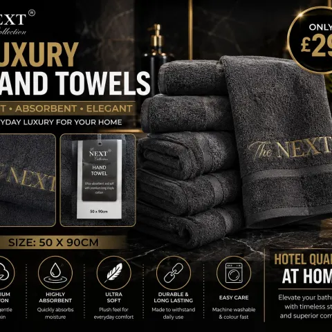 NEXT Collection Charcoal Cotton 3 Pack Hand Towel – 50 x 90cm Luxury Hotel Quality
