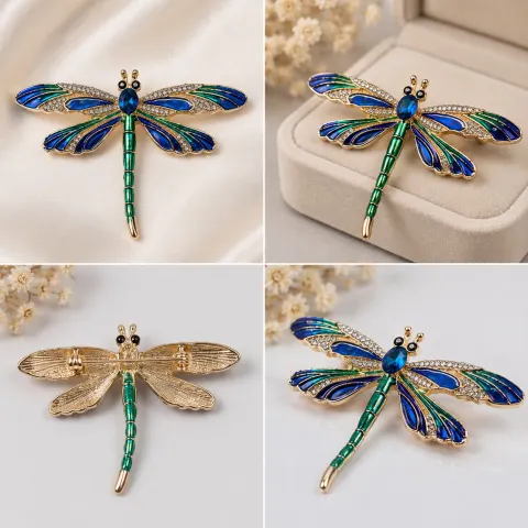Dragonfly Brooch Blue Green Enamel Gold Tone