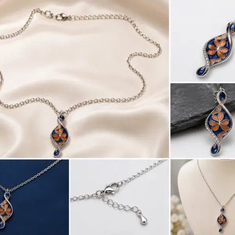Blue & Orange Enamel Floral Pendant Necklace