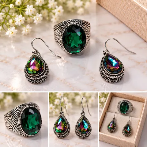 Green & Multicolour Stone Ring and Earrings Jewellery Set