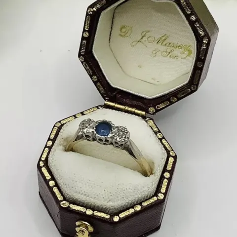Antique 9ct Gold and Platinum Blue Topaz and Diamond Trilogy Ring Size P 2.10g