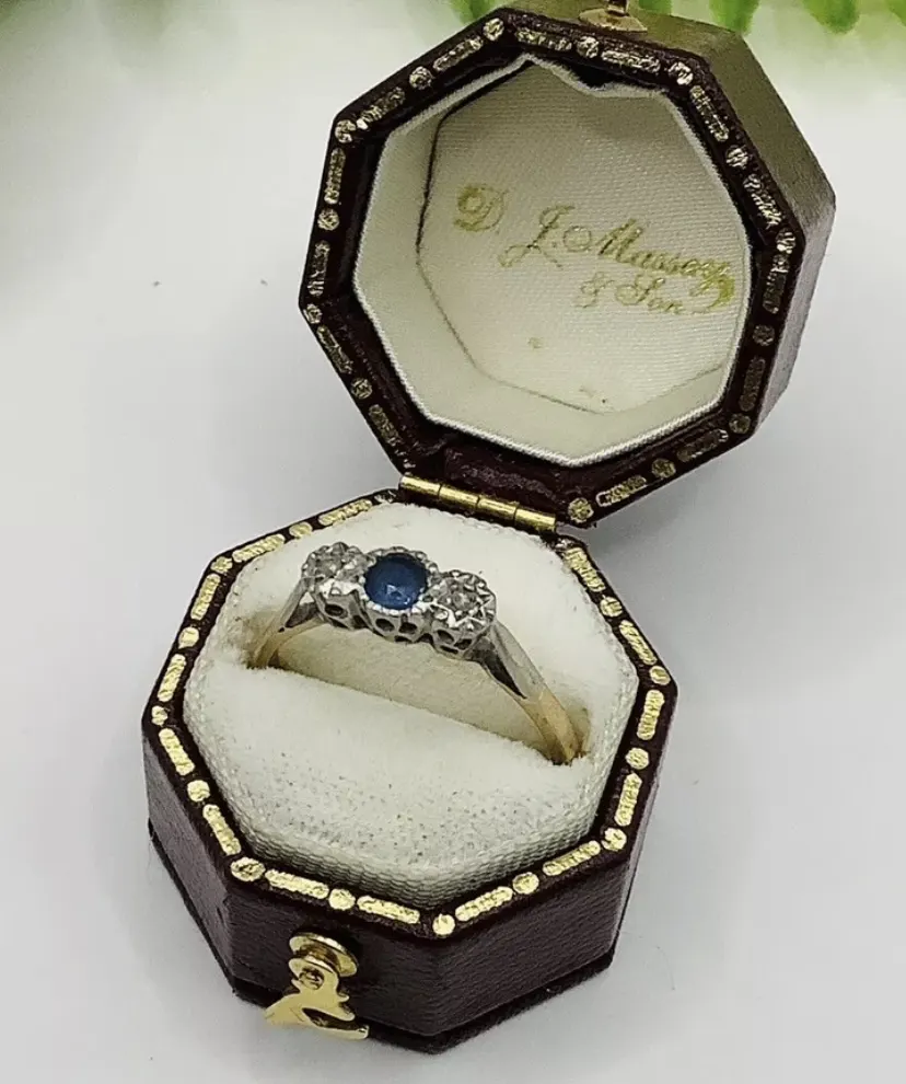 Antique 9ct Gold and Platinum Blue Topaz and Diamond Trilogy Ring Size P 2.10g