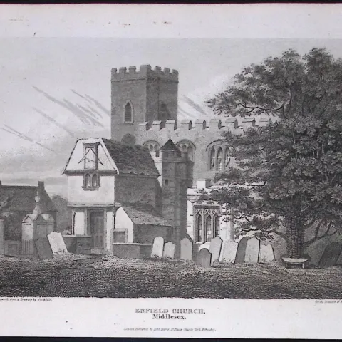London Enfield Church & Graveyard Antique 200 Years-Old Steel-Engraving-96