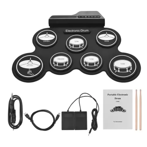 Portable Electronic Drum Pad Kit – Foldable Silicone Roll-Up Drums With Pedals, USB Rechargeable
