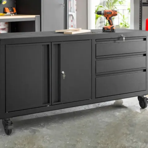 (21/P3) RRP £400. Pinnacle Hardware XL Mobile Storage Unit Matte Black. (H810x L1500x D500mm). Key