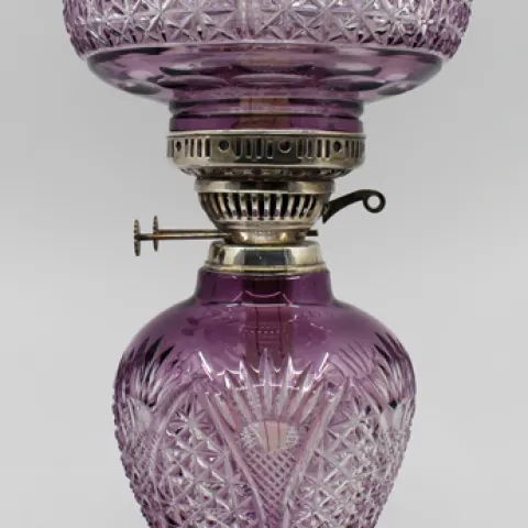 Very Fine English Cut Glass Amethyst Overlay Crystal Oil Lamp