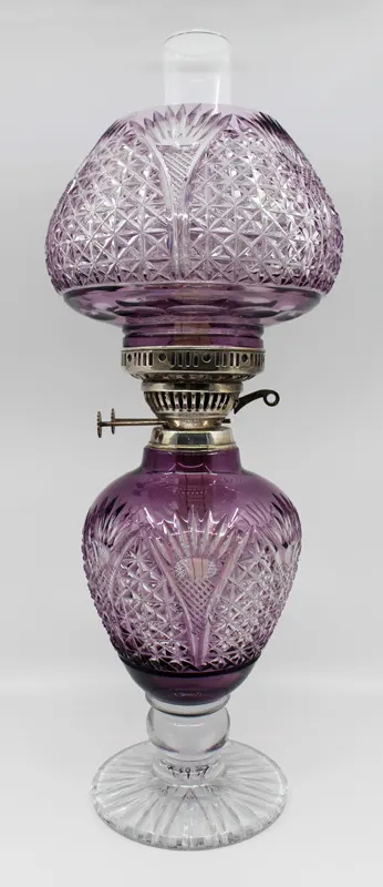 Very Fine English Cut Glass Amethyst Overlay Crystal Oil Lamp