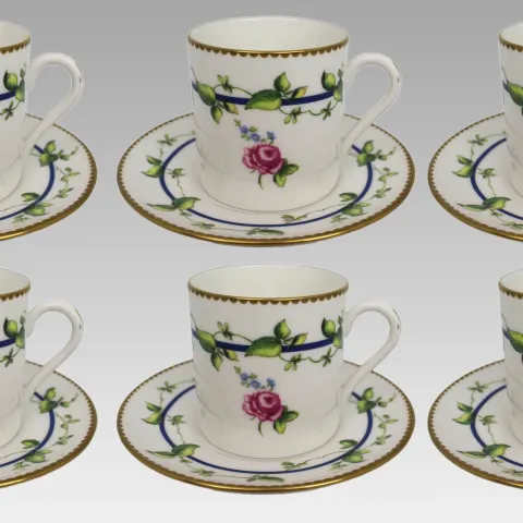 Set of 6 Royal Worcester Demitasse Coffee Cans & Saucers, Floral Garland Pattern
