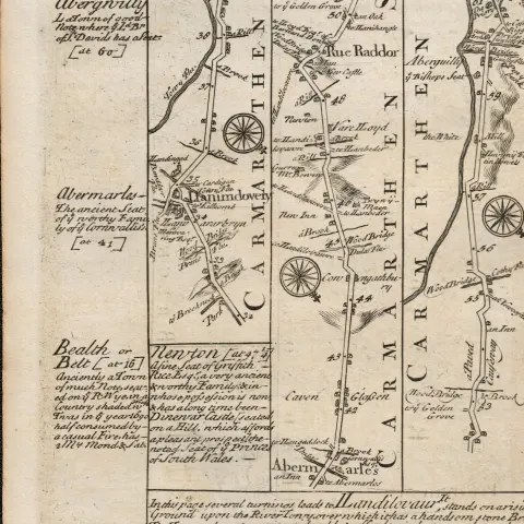 Britannia Depicta E Bowen c1730 Map Wales Presteign  Builth Carmarthen Rador.