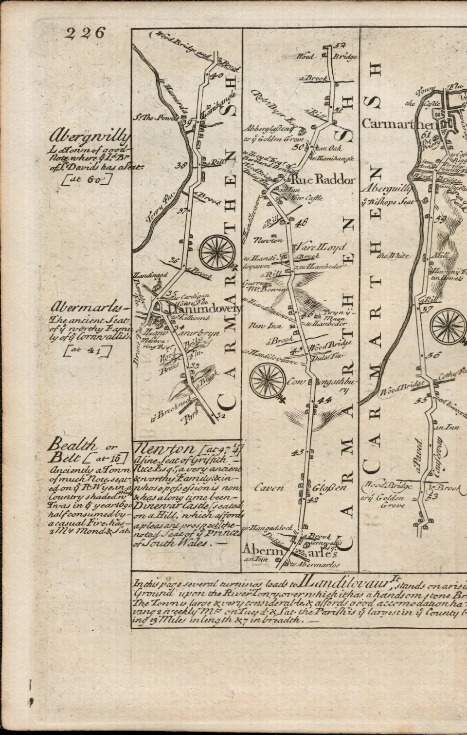 Britannia Depicta E Bowen c1730 Map Wales Presteign  Builth Carmarthen Rador.
