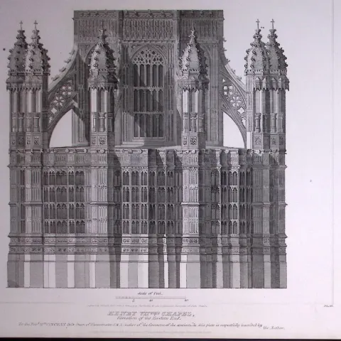 Henry VII Chapel Westminster Abbey 190 Years-Old John Britton Antique Steel Engraving-301