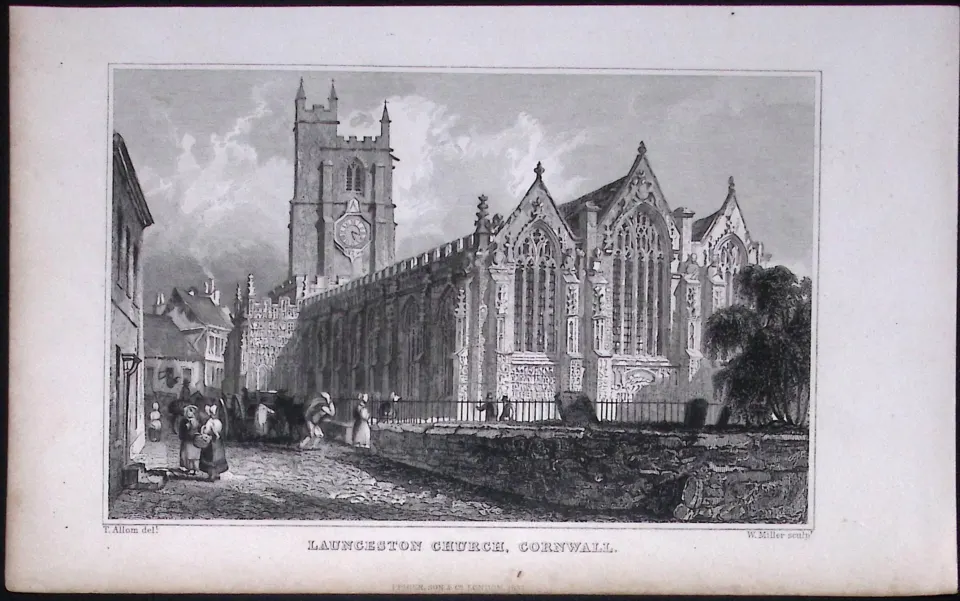 Cornwall Launceston Church Antique 193 Years-Old Steel-Engraving-25