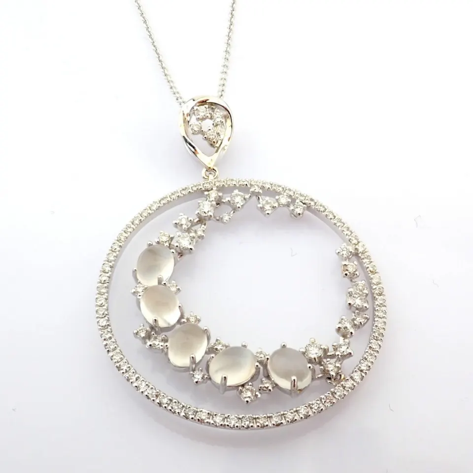 18K White Gold Necklace Detailed With Moonstone, Brilliant Diamonds and Gold