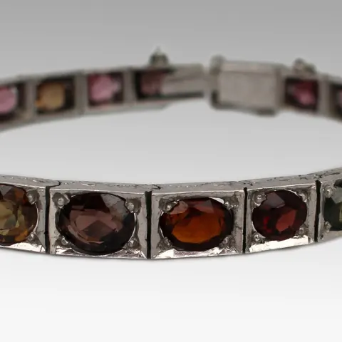 Antique Russian Garnet & Tourmaline Engraved Silver Bracelet c.1890