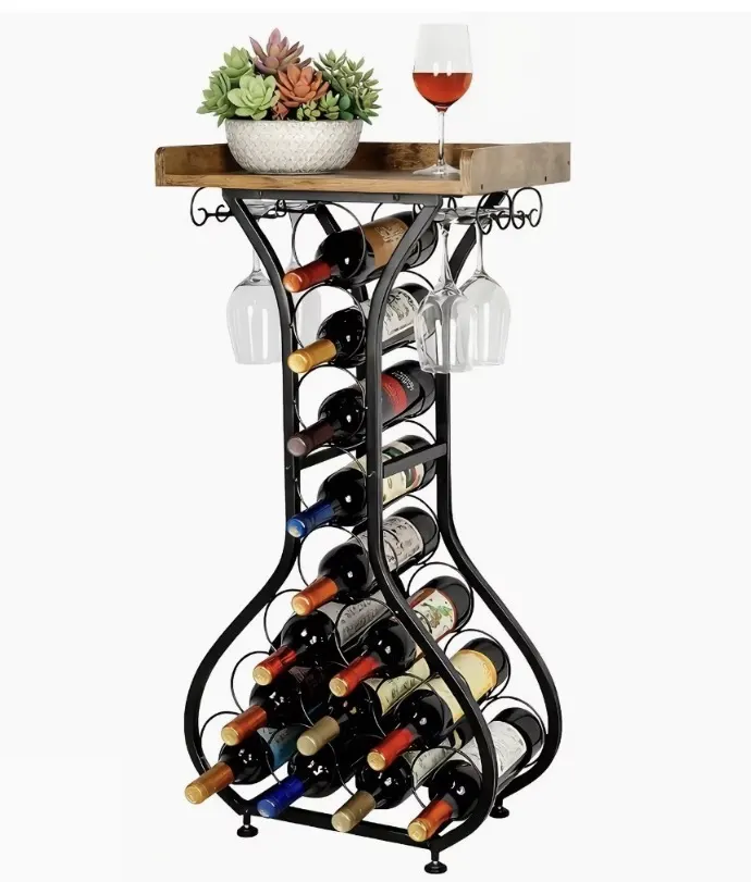 Freestanding Wine Rack With Tabletop – 14 Bottle Floor Storage With Glass Holder