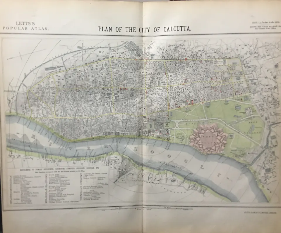 City Of Calcutta India Letts 1884 Antique Detailed Coloured Map.