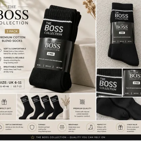 The Boss Collection 3 Pack Black Cotton Blend Socks UK 6-11
