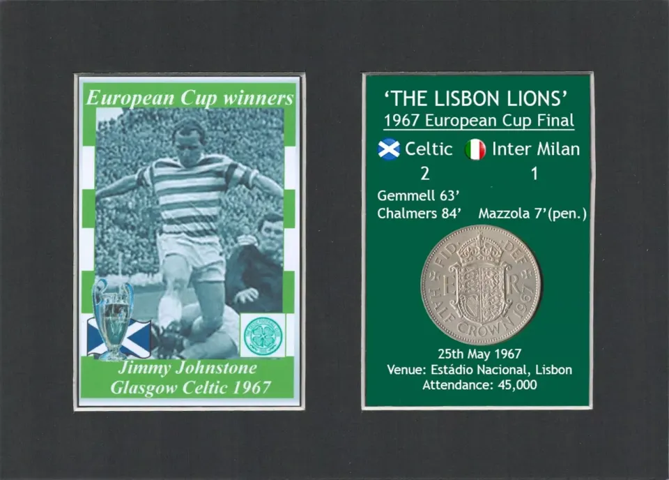Jimmy Johnson Celtic FC European Cup Mount & 57 Year-Old 1967 Coin Set.