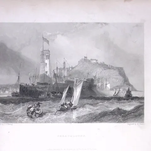 Scarborough Castle Yorkshire WH Bartlett 1842 Antique Steel Engraving-12-TR