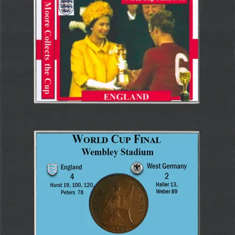 Bobby Moore Accepts The World Cup Trophy Coin & Card Mounted Display.