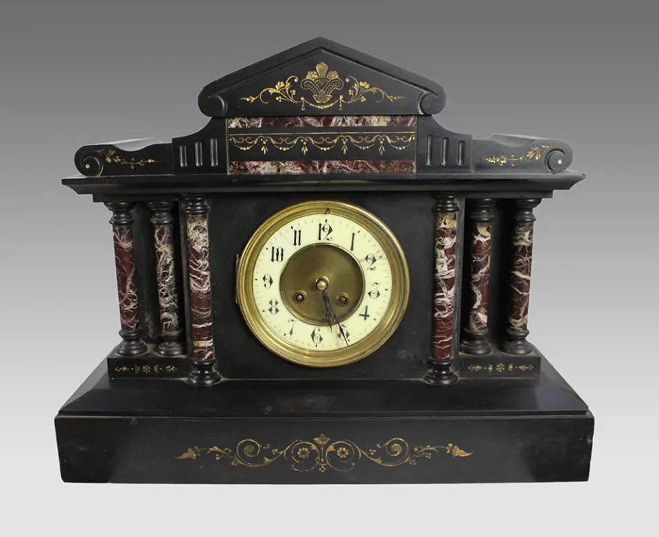 High Victorian Inlaid Black Marble Palladium Mantle Clock
