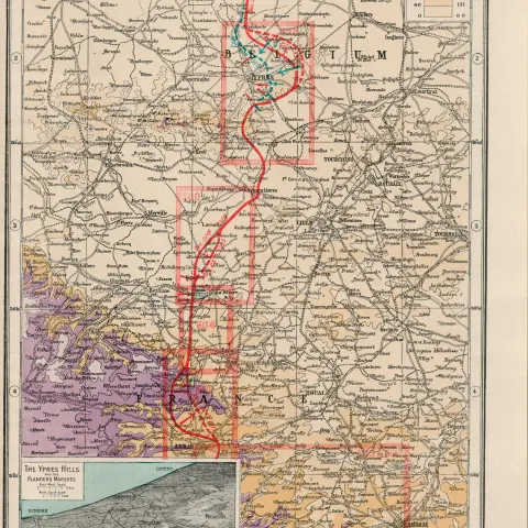 WW1 Western Front Dixmude to Arras  Coloured Antique Map 1922.