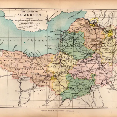 County of Somersetshire 1895 Antique Victorian Coloured Map.