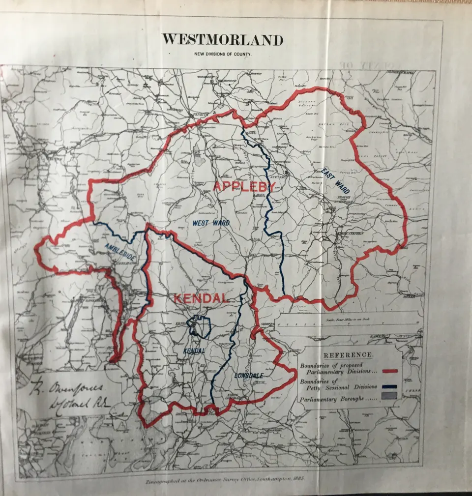 Antique 139 Years-Old Scarce Coloured Map Lake District 1885 Boundary Changes.