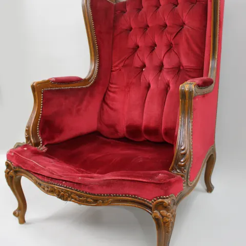 Vintage Carved Frame Button High Back Armchair