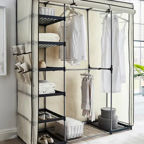 (123/Mez/P16) RRP £79. Covered Triple Wardrobe with Storage Cream. Made From Powder Coated Steel Tu