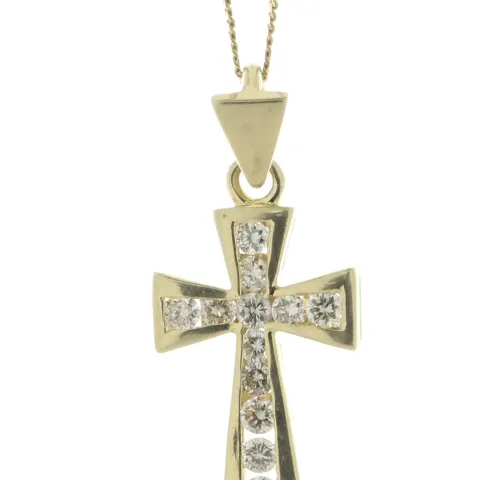 9ct Yellow Gold Diamond Cross Pendant And 16" Chain 0.75 Carats