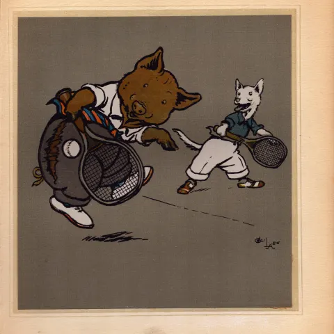 Cecil Aldin Merry Party Rare Antique Book Plate “ Pig & Fox Playing Tennis”.