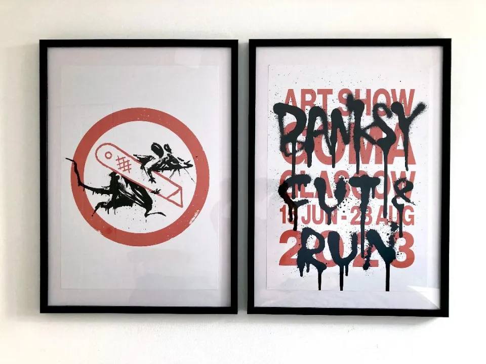 Banksy (b 1974) Framed Pair GOMA Exhibition POSTERS – ‘Cut and Run Rat’ and 'Run Rat Run' 2023