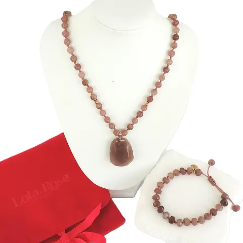 Lola Rose London Pink Mink Quartz Gemstone Necklace & Bracelet 'New With Gift Pouch'