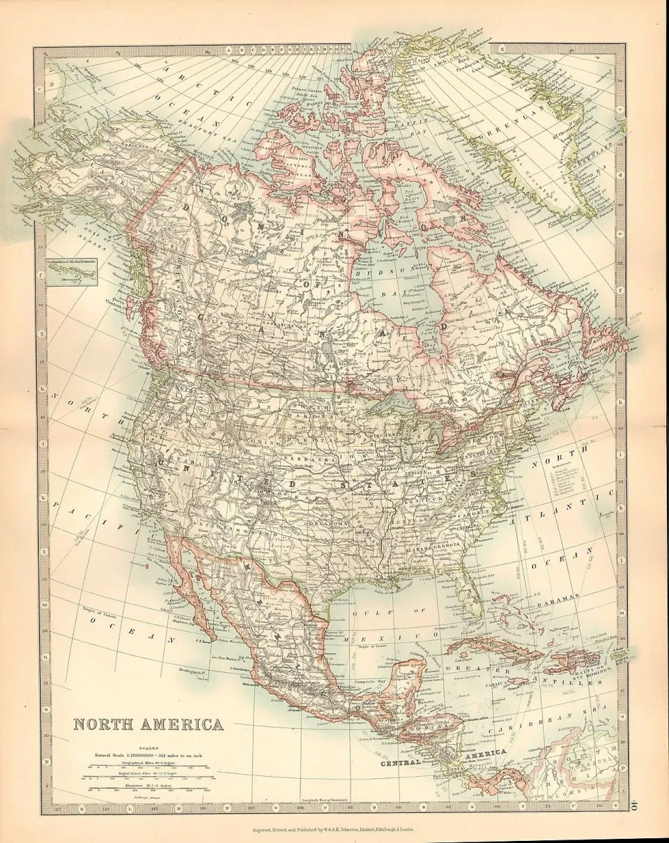 North America Canada  Montreal Ontario Alaska Montana  Large Coloured Antique Map.