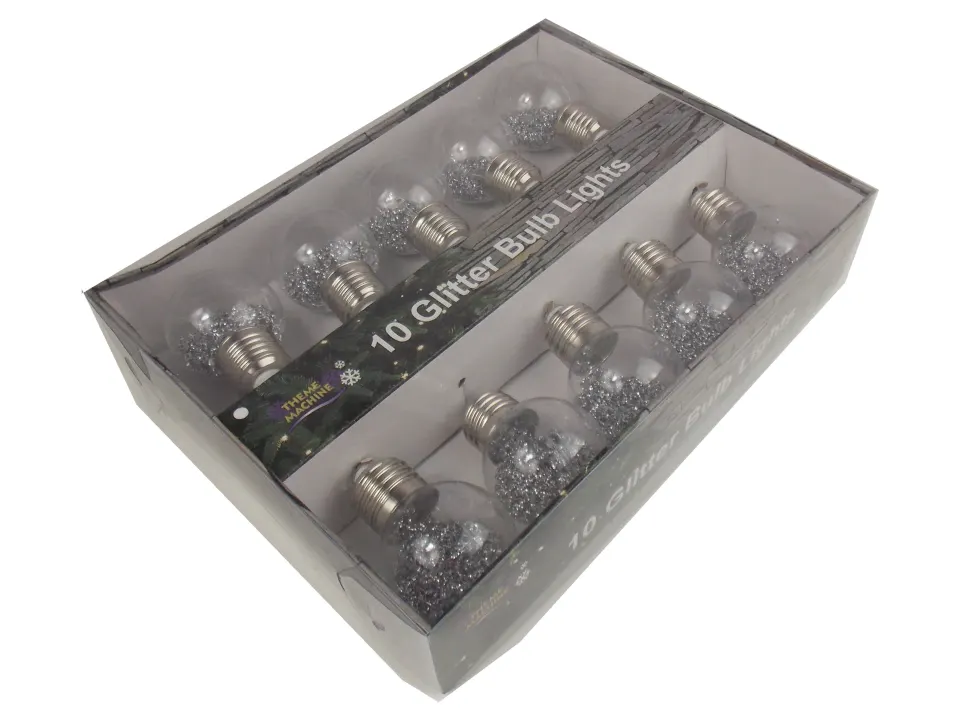 6 x SILVER GLITTER 1.65M STRING OF  LIGHT BULBS - FOR INDOORS
