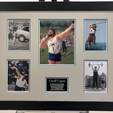 GEOFF CAPES framed original signature presentation.