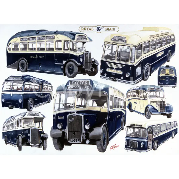 Dorset Royal Blue Montage  Extra Large Nostalgic Buses Metal Wall Art