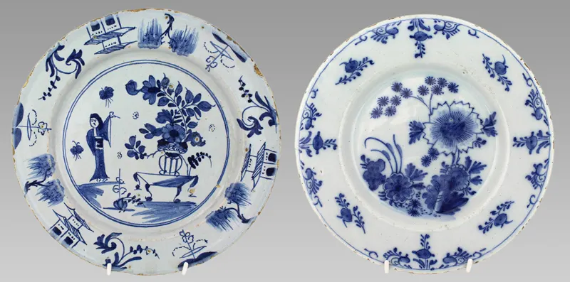 Pair of 18th Century Delft Plates – Chinoiserie & Floral Designs