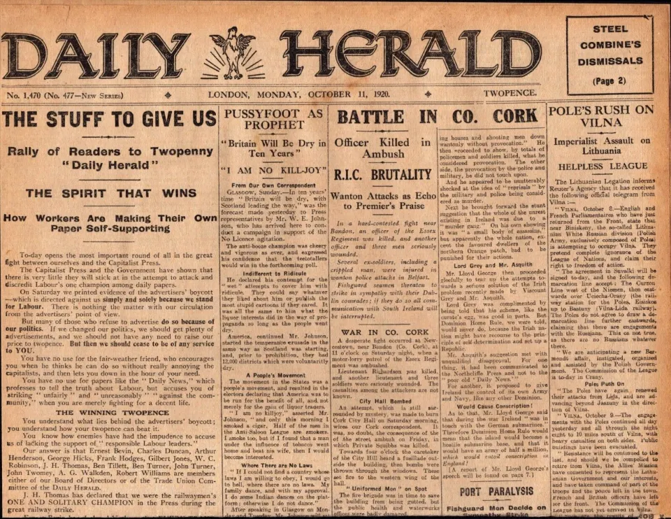 Irish War of Independence Reports IRA, Black & Tans Battles In Cork 1920-B.