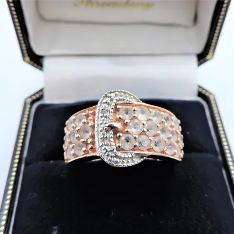 White Gemstone Buckle Ring Rose Gold Sterling Silver New with Gift Pouch